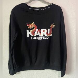 Karl Lagerfeld Paris Women’s Sweatshirt Black Dragon‎ Logo Pullover Sz S Preppy